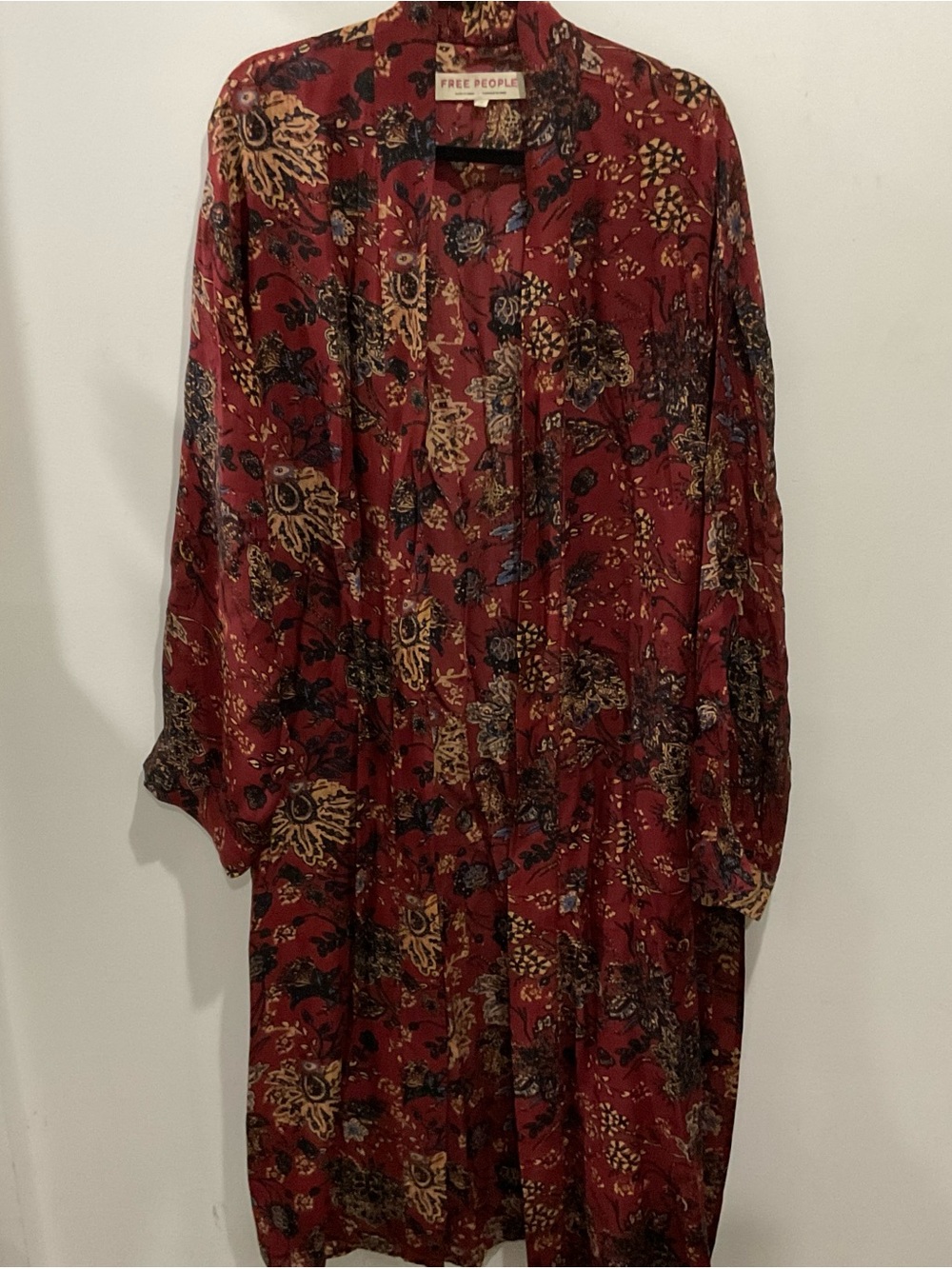 Free People Burgundy Floral Long Sleeve Viscose Kimono Duster sz Med